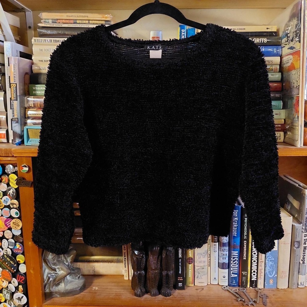 Vintage K.A.T.E. Black Fluffy Cropped Sweater 3/4 Sleeve 90s Y2K Medium USA Made